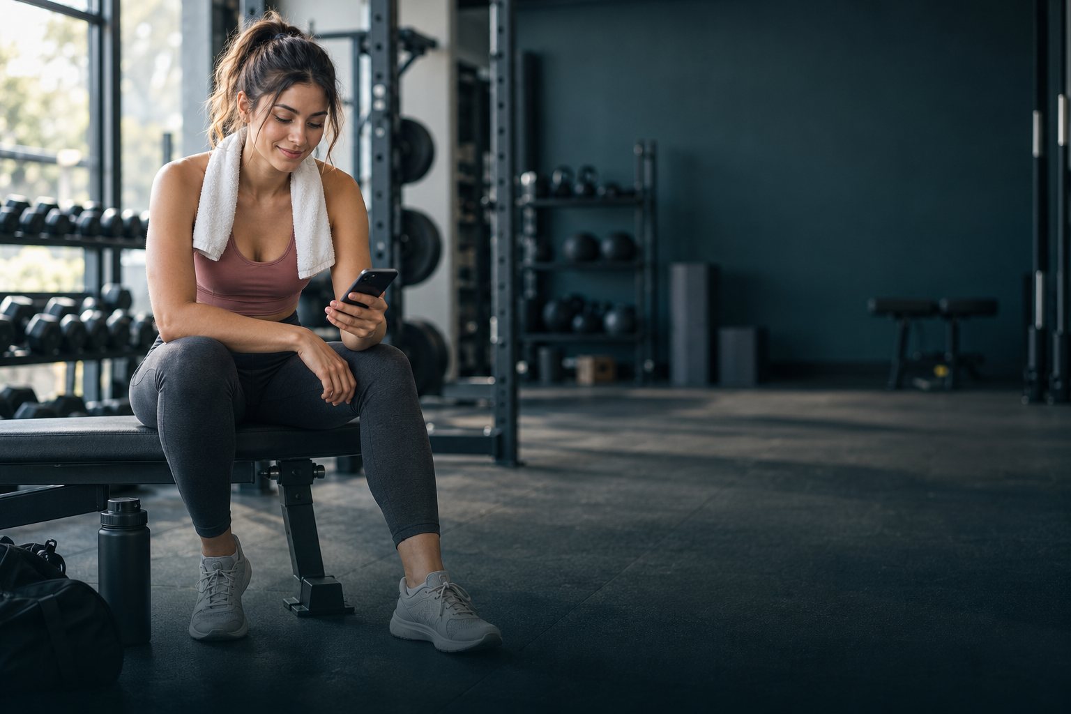 Illustrative gym scene with a beginner resting between activities