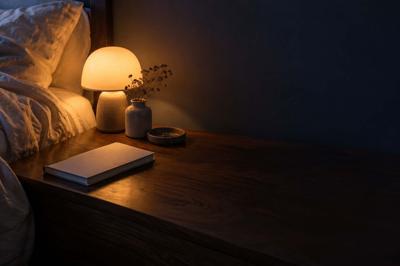 Illustrative bedside scene with warm lamplight