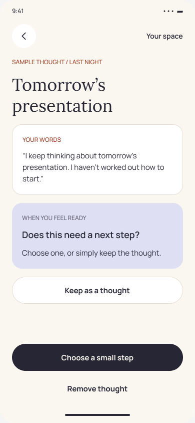 A thought stays separate from a possible next step