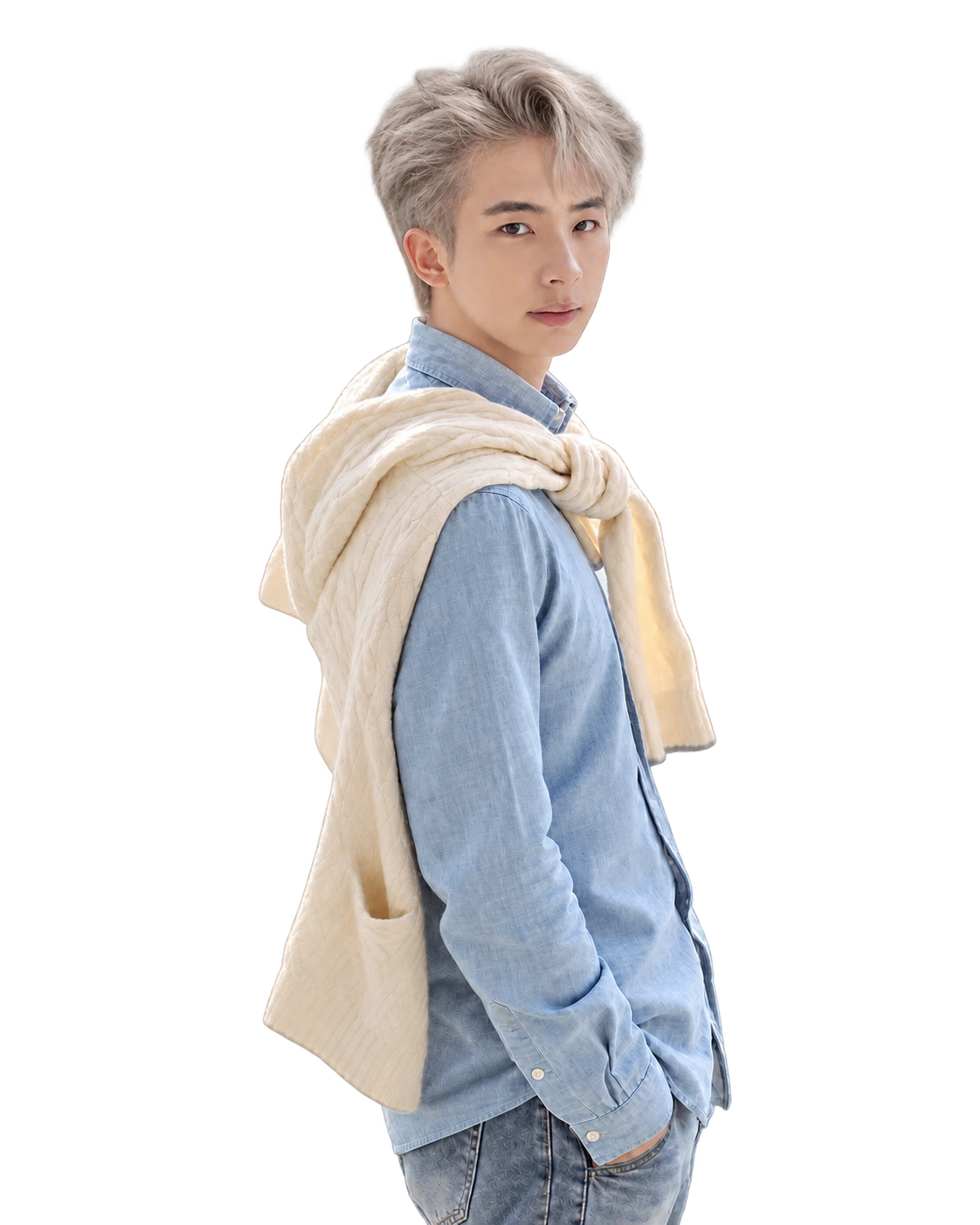 AI-assisted portrait of Haojia with cool champagne-beige side-parted hair, based on his own photograph, wearing a pale blue shirt and cream sweater
