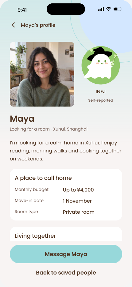Rent’s Maya profile: living preferences alongside Haojia’s original INFJ ghost illustration